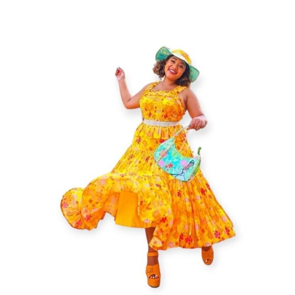 Disney Princess Tiana Yellow Floral Puff Dress Ruffled Tiered Square Neck M - Picture 10 of 10
